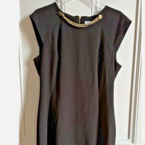 NWT Calvin Klein Black Pencil Sheath Dress with Gold Chain Necklace Size 12